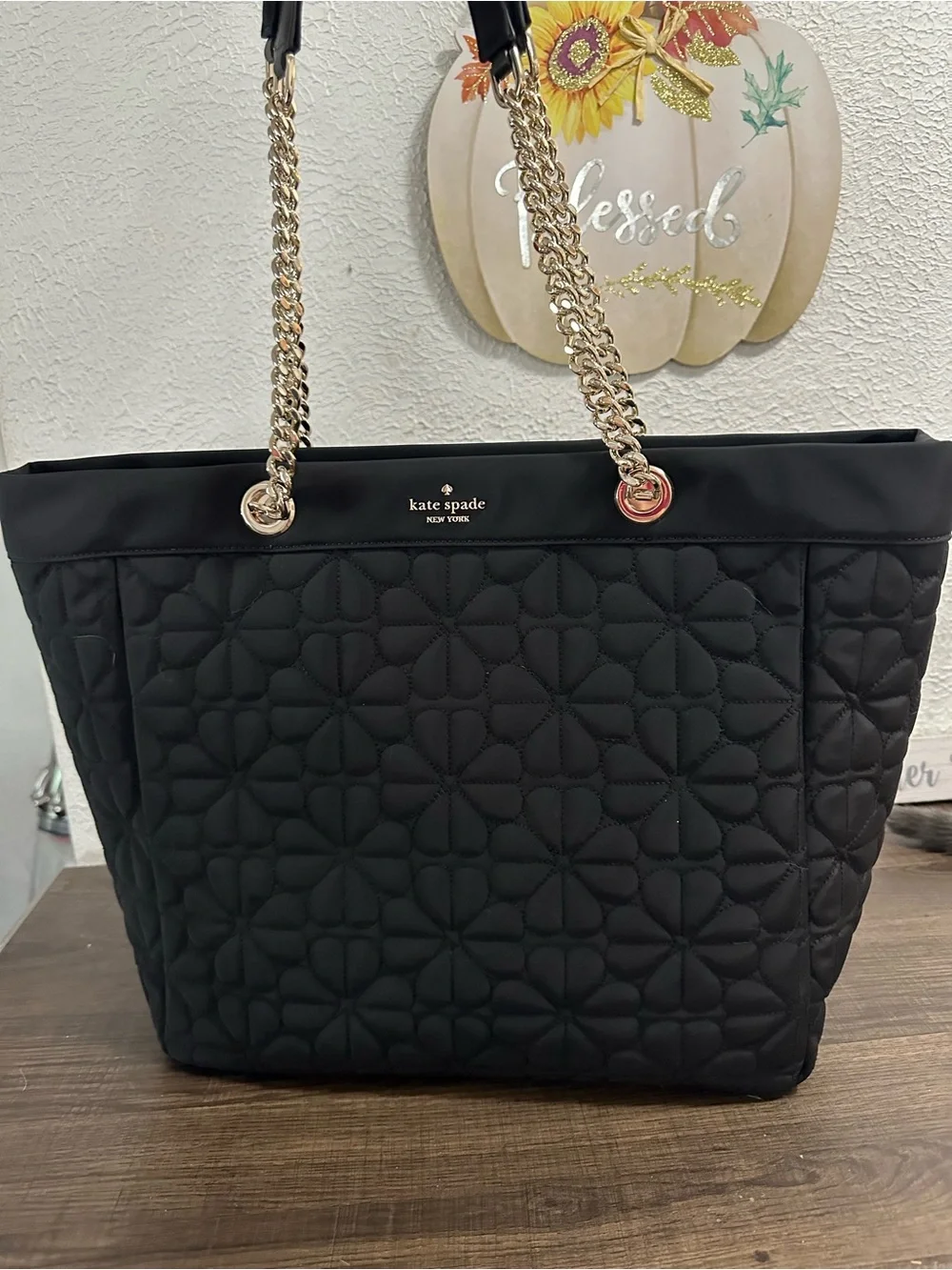kate spade flower Black Quilted Tote with Gold Chain Straps